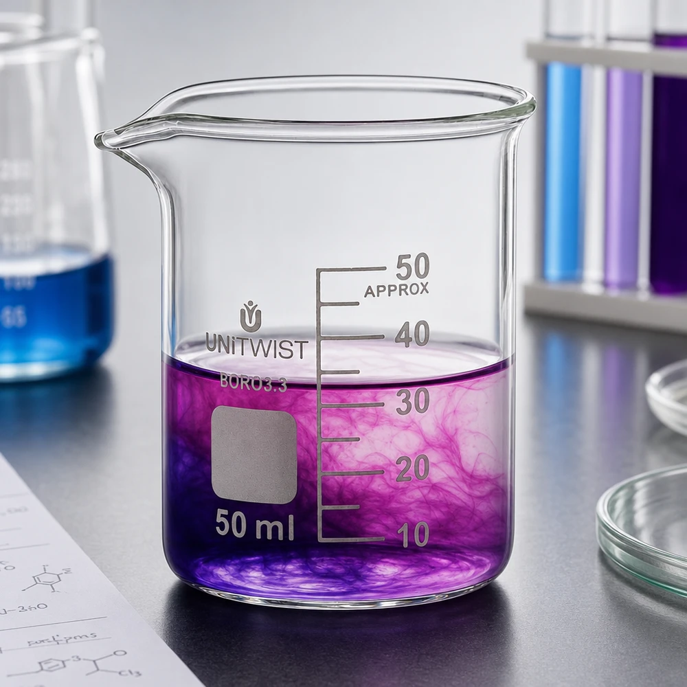 Vaso 50ml borosilicato, molde bajo UNiTWIST Vaso de precipitados UNiTWIST de 50 ml, de forma baja, con líquido violeta y degradado de color en el laboratorio