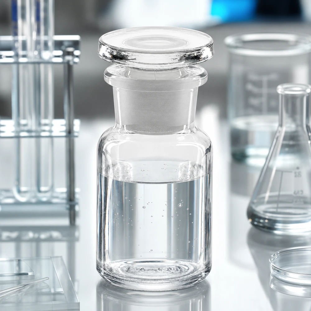 Frasco de laboratorio de cuello ancho de 50 ml, de cristal transparente con tapón de cristal, sobre una mesa de laboratorio blanca
