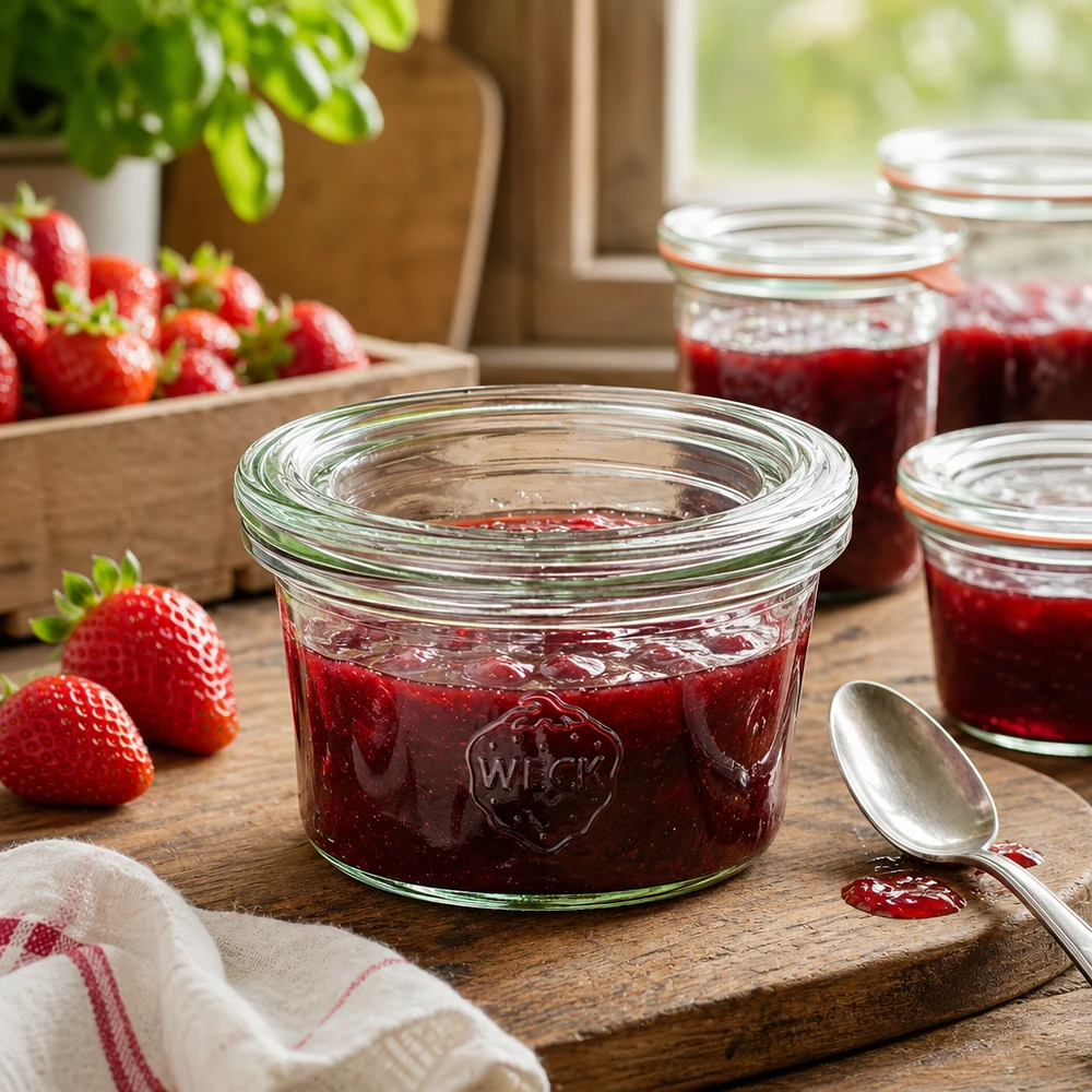 Vasos de 50ml con tapa de cristal WECK RR60 Tarro WECK de 50 ml lleno de mermelada de fresa sobre una tabla de madera junto a fresas frescas en una cocina rústica
