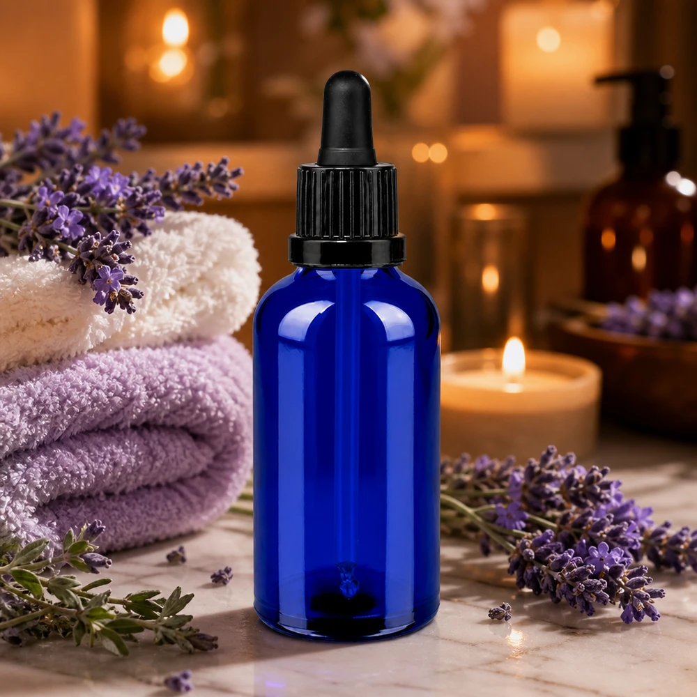 Botella de cristal azul de 50 ml con pipeta negra - BlueLine UT18/50 para aceites esenciales y sueros
