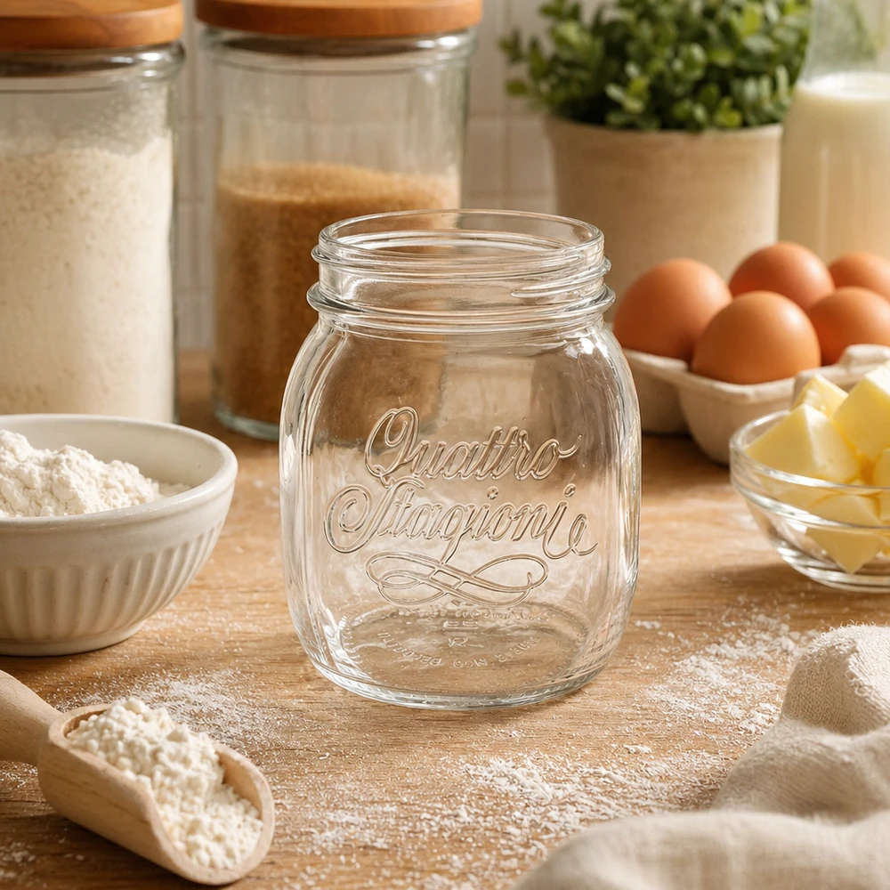 Vaso doméstico Quattro Stagioni de 700 ml vacío sobre mesa de madera rodeado de ingredientes de repostería harina huevos y mantequilla en cocina