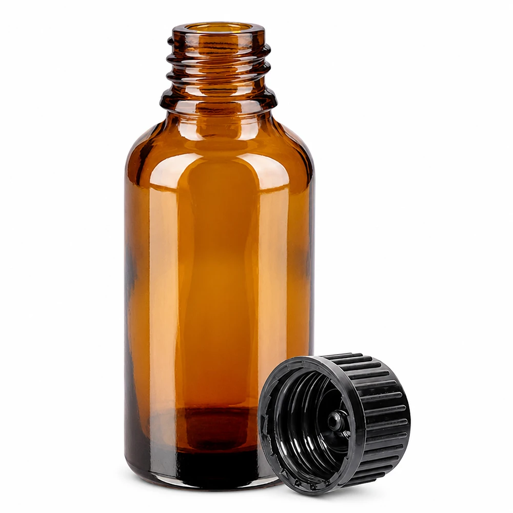 Frasco de vidrio color ámbar de 30 ml con rosca y tapón extraíble para aromaterapia