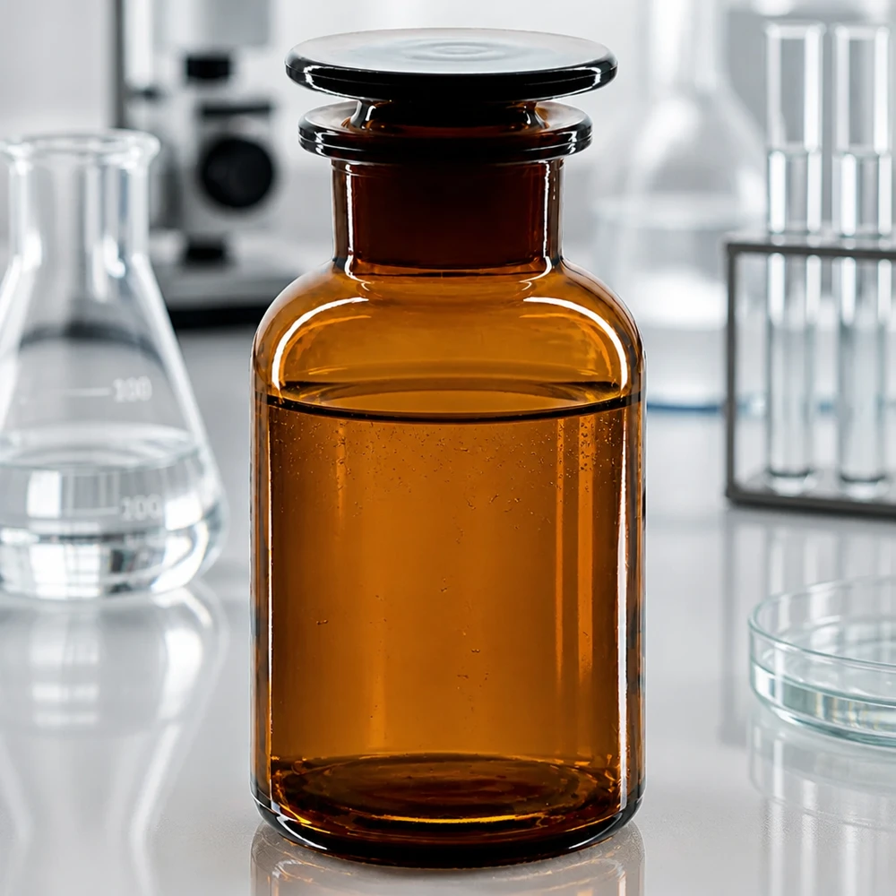 Botella de hombro redondo 250ml marrón cuello ancho tapón de vidrio Fotografía de laboratorio: frasco marrón de cuello ancho de 250 ml con tapón de cristal, rodeado de matraces Erlenmeyer y tubos de ensayo
