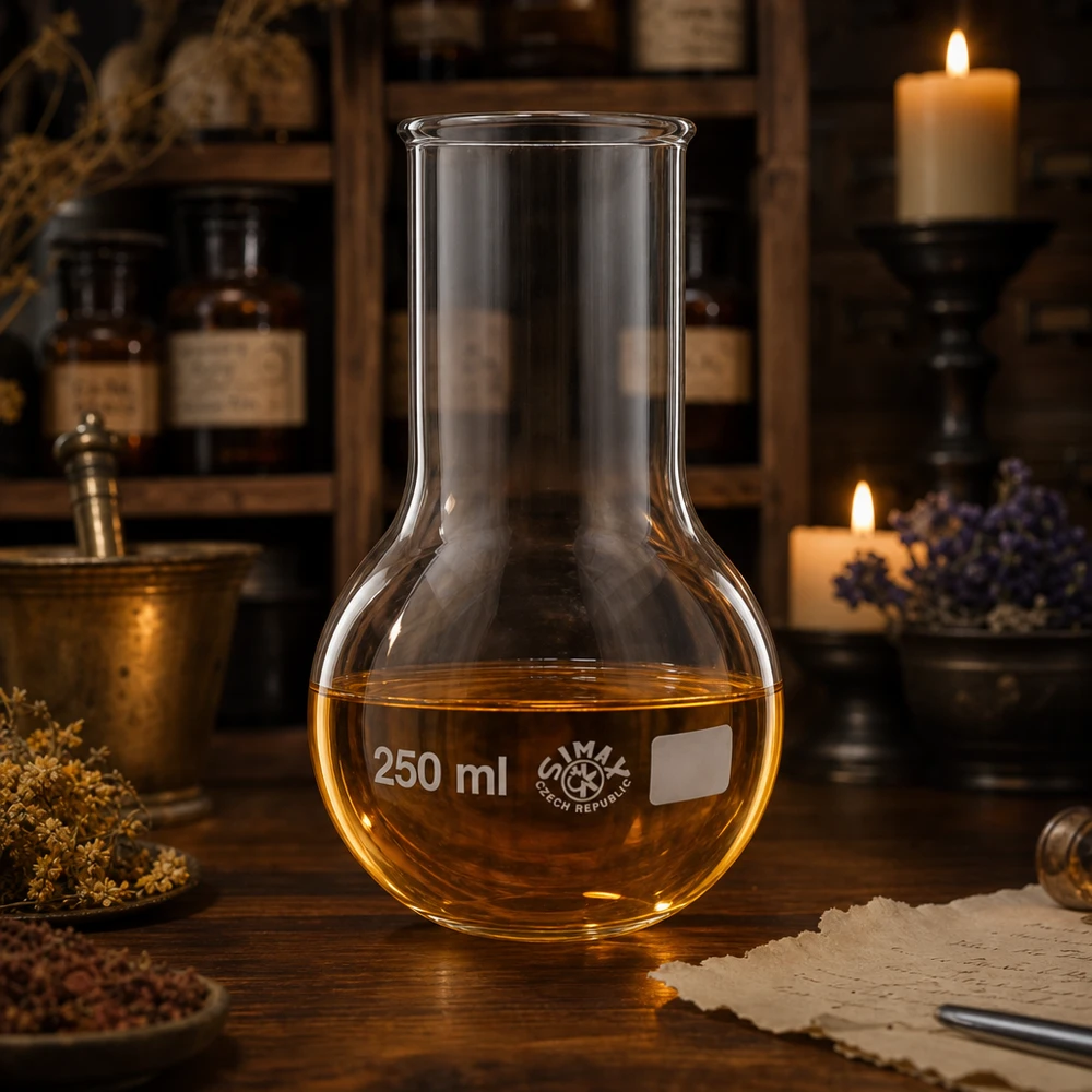 Termo 250 ml cuello ancho Frasco de laboratorio de 250 ml con líquido amarillo dorado en un entorno rústico de botica a la luz de las velas