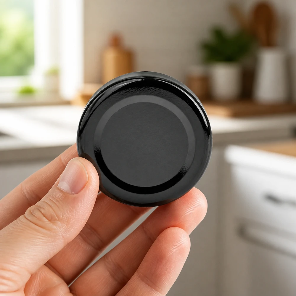 Una mano sostiene una tapa BasicSeal negra de 48 mm (TO48) de UNiTWIST en una cocina moderna