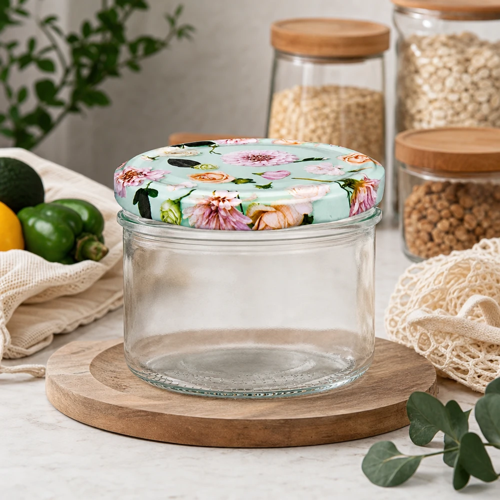 Tarro 230ml con tapa flor menta en cocina - Tarro sobre tabla de madera junto a tarros de cereales