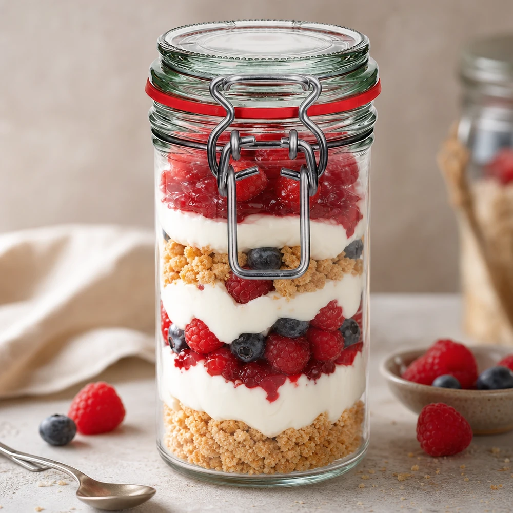 Tarro de 272 ml con tapa abatible relleno de un postre de capas de bayas, yogur y migas de galleta
