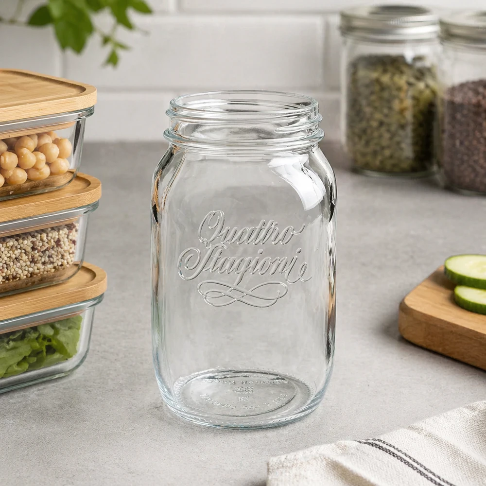 Tarro redondo 1000ml "Quattro Stagioni" QS86mm Tarro doméstico Quattro Stagioni de 1000ml vacío en la encimera de la cocina con tarros de almacenaje y tabla de madera al fondo.