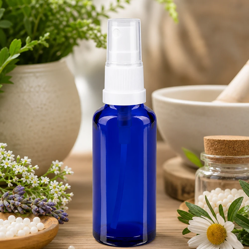 Frasco pulverizador de cristal azul de 30 ml con cabezal pulverizador blanco, rodeado de lavanda, manzanilla y hierbas medicinales
