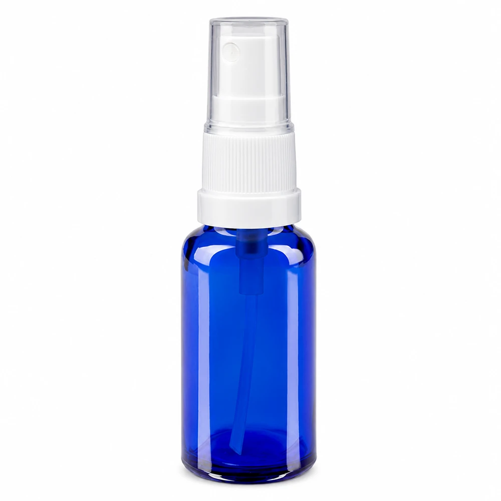 Frasco de spray de cristal azul de 20 ml con dosificador de bomba blanco y tapón protector transparente ApoGlas