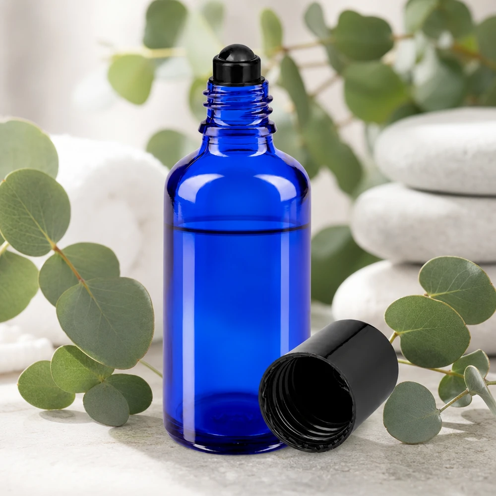 Botella de farmacia azul 50ml tapón roll-on negro Frasco opaco de 50 ml en color azul cobalto, con aplicador de bola y fabricado en vidrio con protección UV
