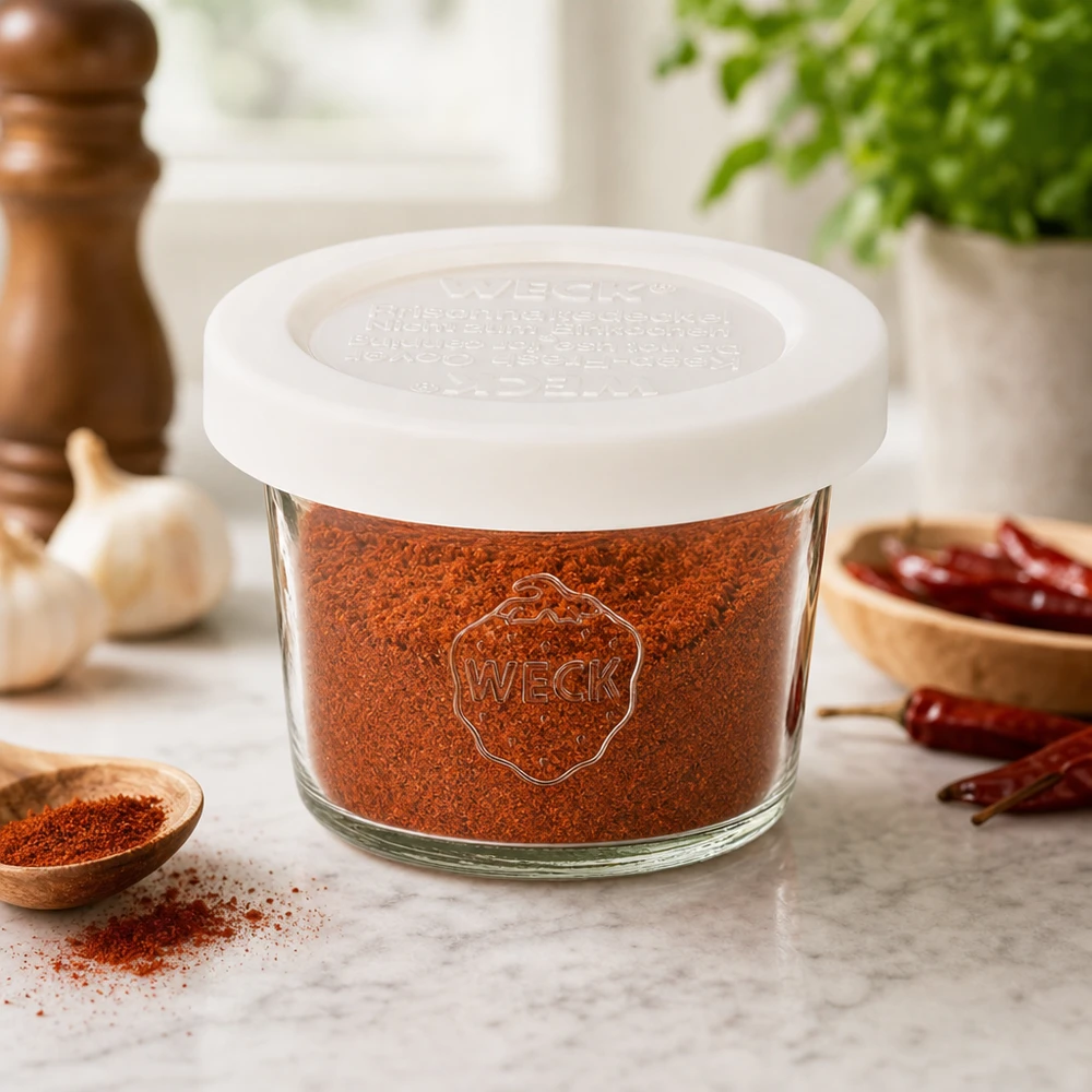 WECK tarro de cristal 35ml RR40 lleno de pimentón en polvo en ambiente de cocina con especias y ajo, almacenamiento de especias
