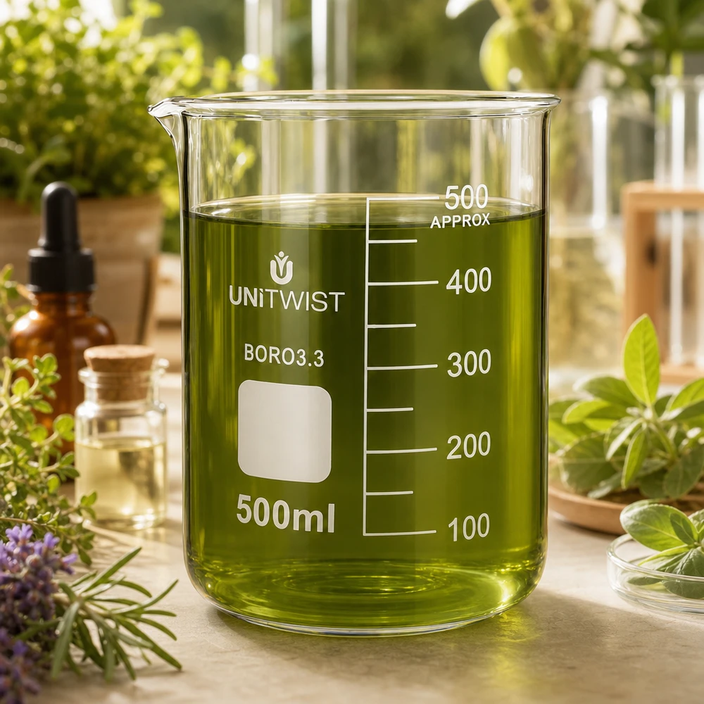 Vaso 500 ml borosilicato, molde bajo UNiTWIST Vaso de cristal UNiTWIST de 500 ml, de borosilicato, de forma baja, lleno de un líquido verde a base de hierbas