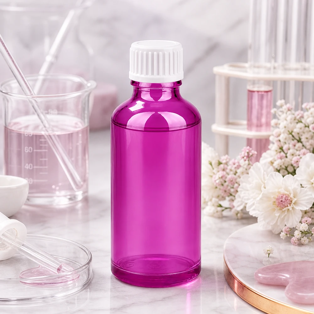 Frasco redondo de vidrio de 50 ml con rosca DIN18 en violeta brillante para aplicaciones profesionales de laboratorio