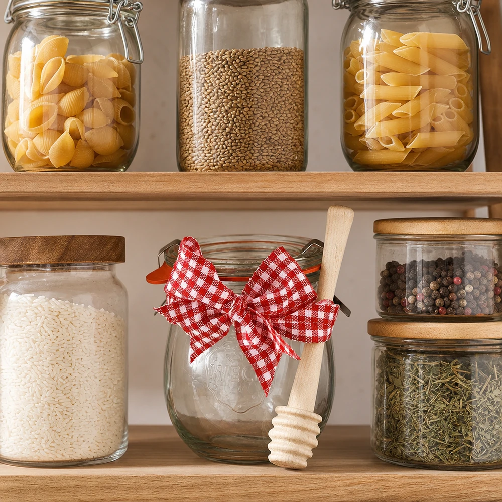 WECK-Mini-Tulpenglas 220ml komplett mit Honiglöffel Armario con tarros WECK para pasta y especias, mini tarro tulipán 220ml con cuchara de miel como decoración de cocina
