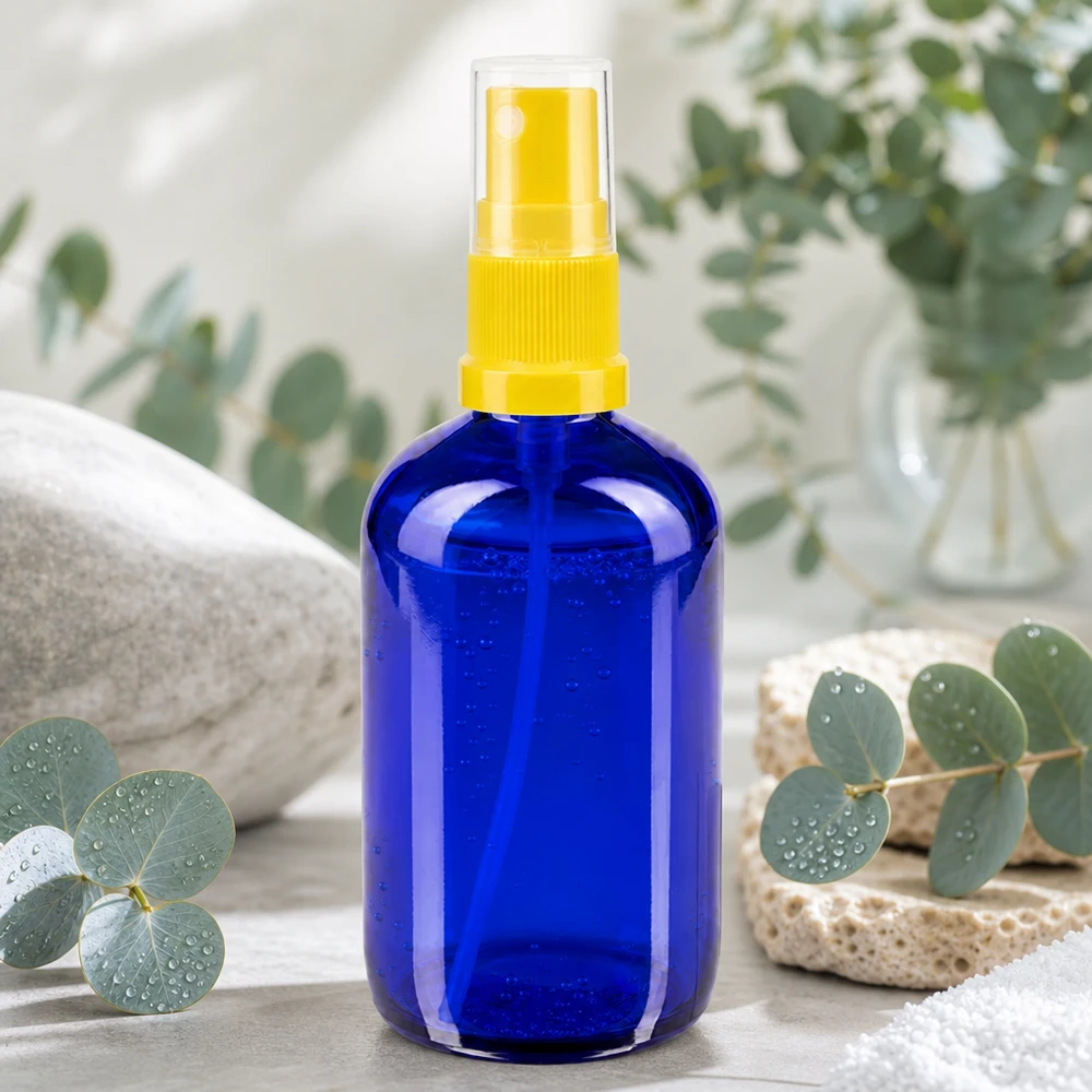Botella de farmacia azul 100ml accesorio pulverizador amarillo Botella de cristal azul de 100 ml con pulverizador amarillo, rodeada de ramas de eucalipto y piedras naturales