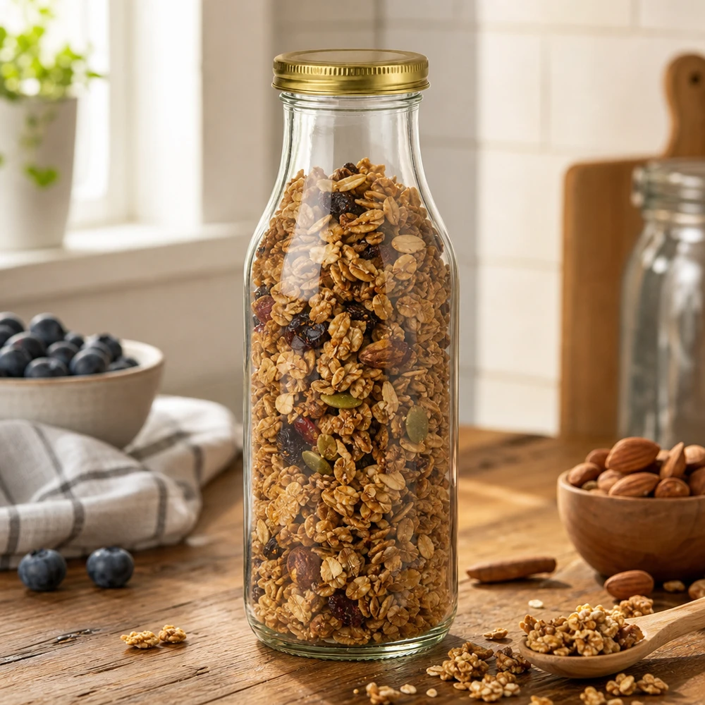 UNiTWIST Bottle263 lleno de muesli muestra la tapa dorada TO43 BioSeal en un entorno de cocina rústica con frutos secos