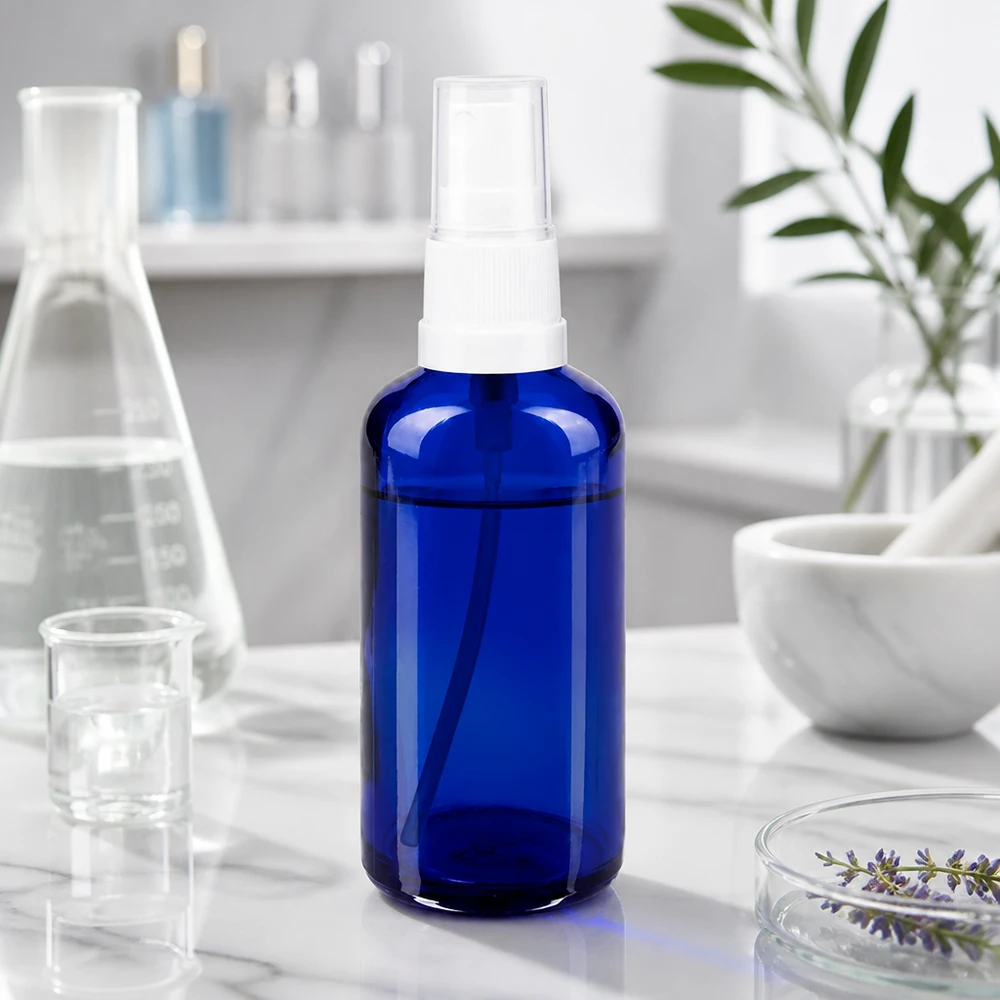Frasco pulverizador azul de 50 ml con hombros redondeados, de cristal de farmacia, con cabezal pulverizador blanco