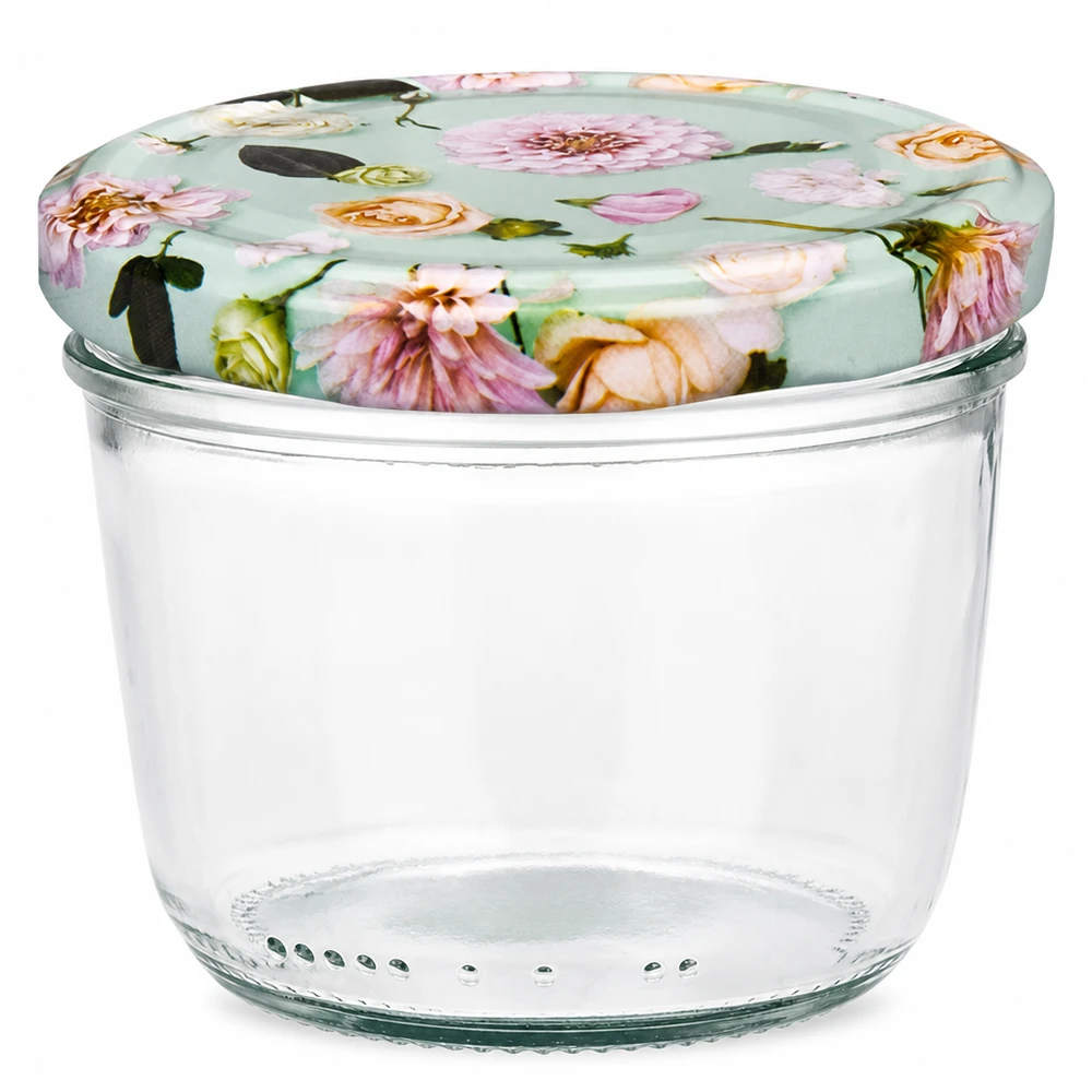 Vasos de 230 ml + tapa BasicSeal flor menta UNiTWIST Tarro de cristal de 230 ml con tapa BasicSeal en diseño de flor de menta, tarro de conserva vacío para mermelada y conservas