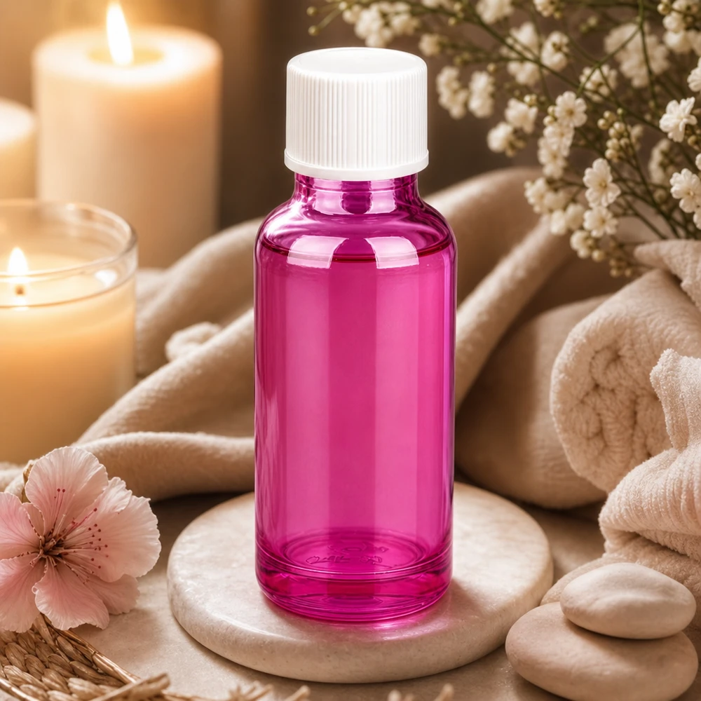 Frasco de vidrio de 20 ml de color morado brillante con tapón blanco perfecto para spa y bienestar