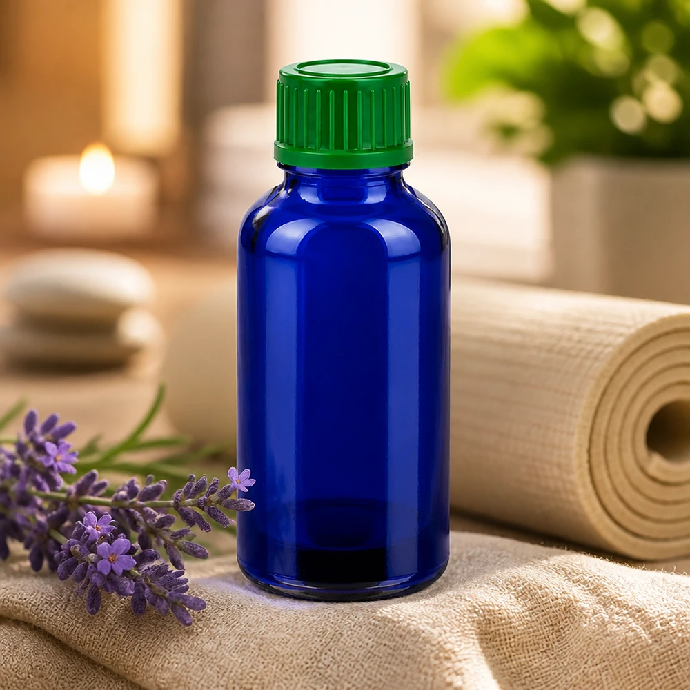 Frasco de vidrio de 30 ml de alta calidad con protección UV de vidrio azul para sustancias sensibles a la luz