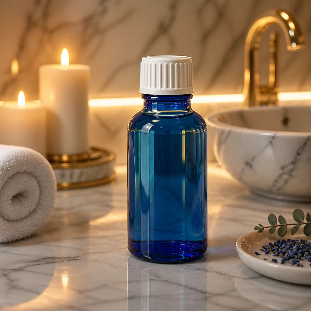 Frasco de farmacia de 20 ml, azul cobalto, con tapón de seguridad para niños blanco, sobre fondo de mármol con velas