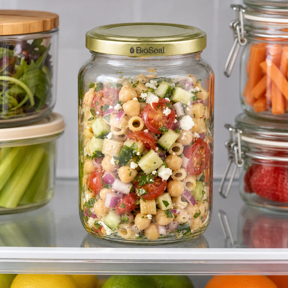 El tarro de miel BioSeal de 1000 g con ensalada de garbanzos y verduras de colores muestra un almacenamiento ideal para la preparación de comidas en el frigorífico