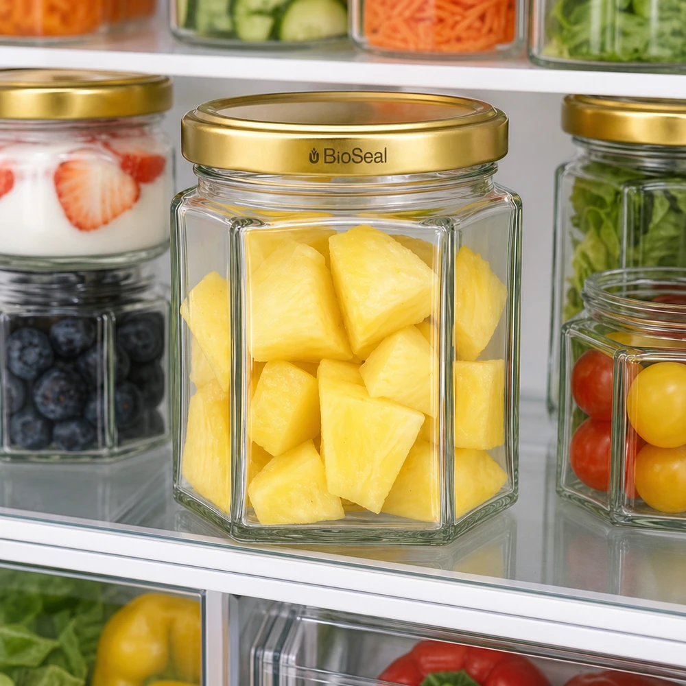 Frasco hexa de 47ml con tapa dorada UNiTWIST BioSeal UNiTWIST Hexa47 Glasgefäß mit Ananas-Stücken im Kühlschrank - perfekt für frische Lebensmittel-Aufbewahrung