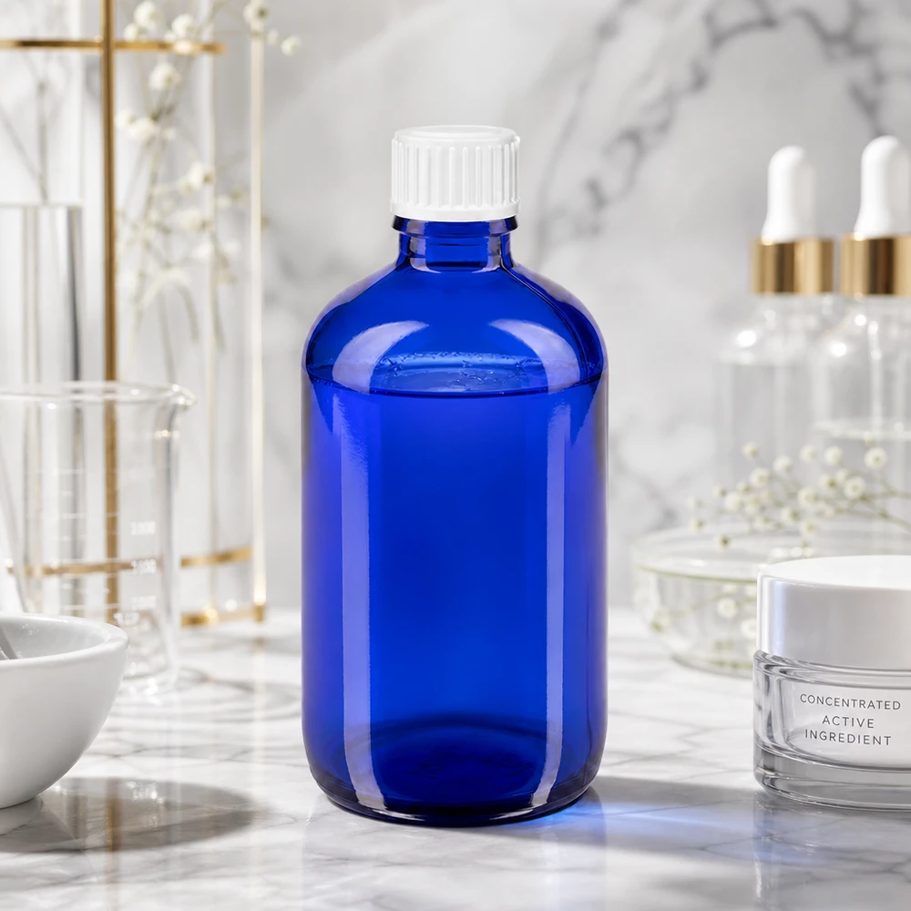 Botella de farmacia azul 100ml tapón rosca blanco estándar Botella de cristal azul de 100 ml con tapón estándar blanco sobre una superficie de mármol en el laboratorio