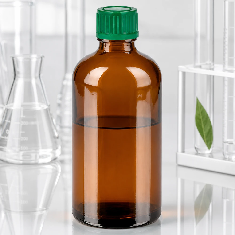 Frasco de vidrio compacto de 100 ml en marrón con tapa verde para una dosificación y porcionado precisos
