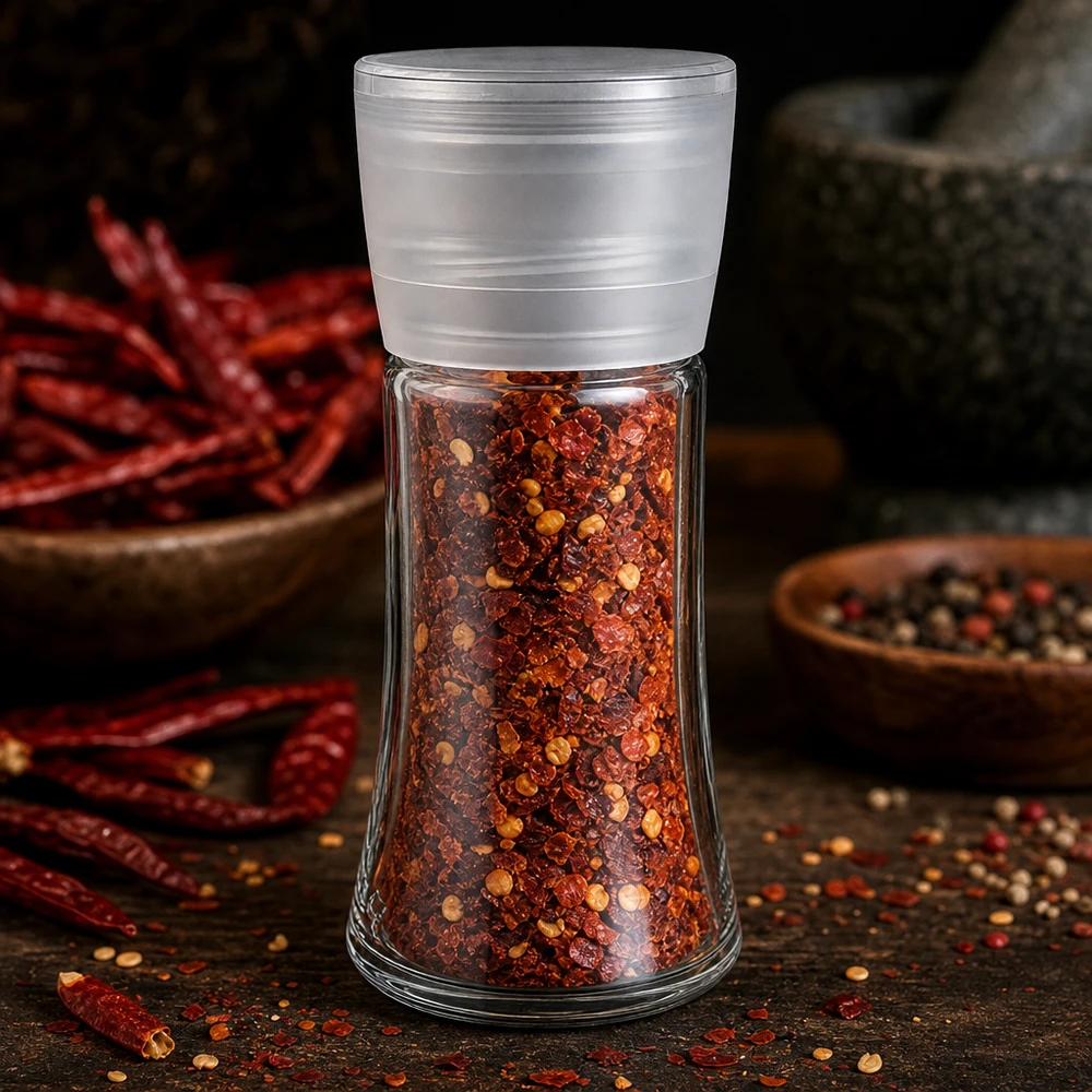 Frasco para especias Vario de 95 ml con molinillo blanco, lleno de copos de chile, delante de un mortero y guindillas