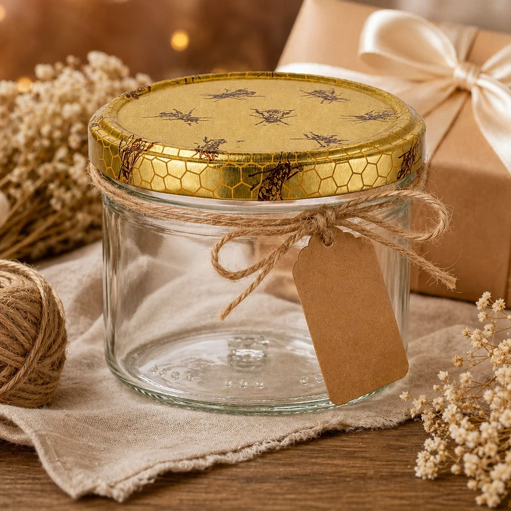 Tarro para miel de 300 g con tapa con diseño de panal BasicSeal UNiTWIST Tarro de miel de 300 g con tapa decorativa con motivo de abeja, envase de regalo y presentación rústica en madera