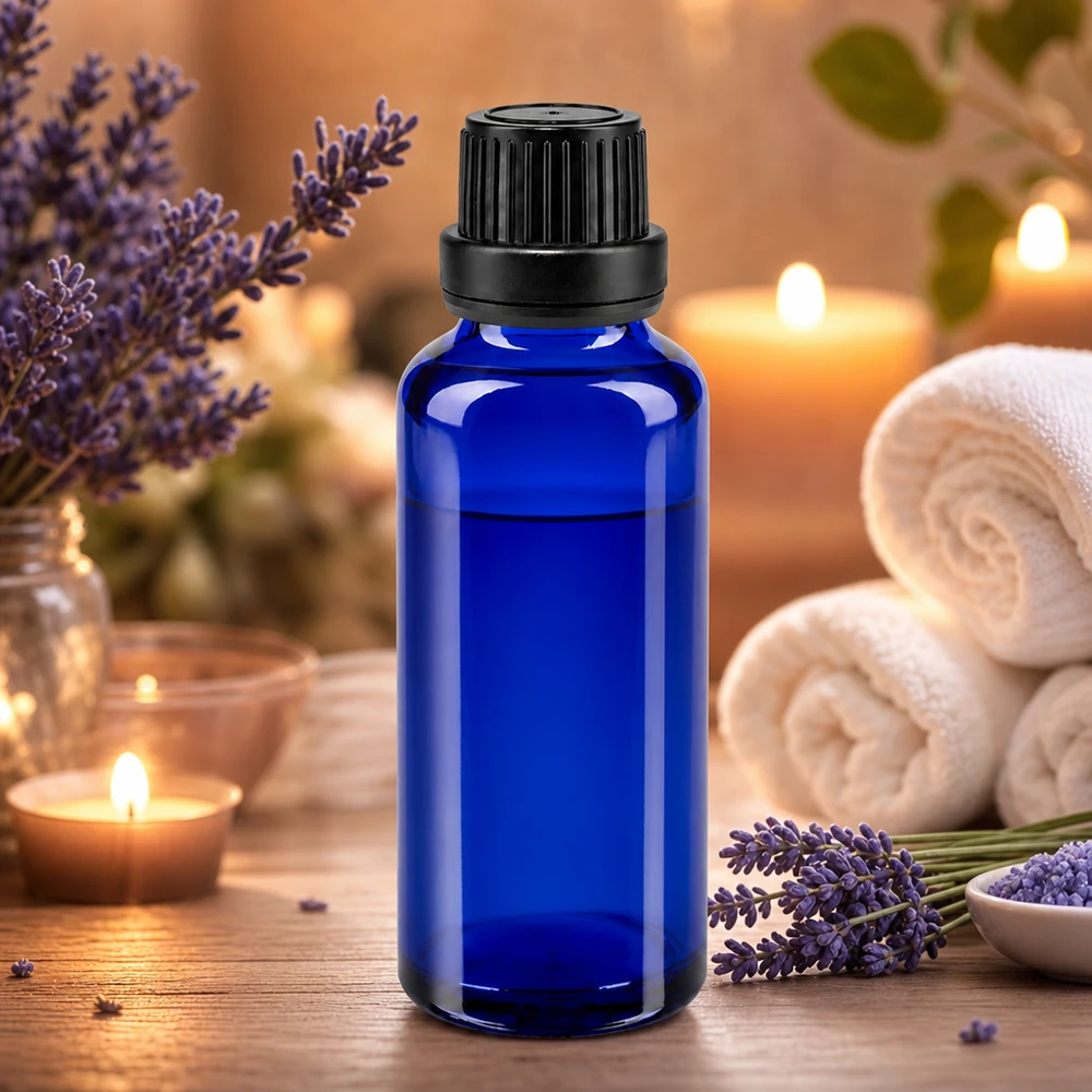 Botella de farmacia azul 30ml tapón cuentagotas anillo vertedor 2mm cierre inviolable negro Frasco de cristal azul de 30 ml con tapón de rosca negro y gotero para aceites esenciales