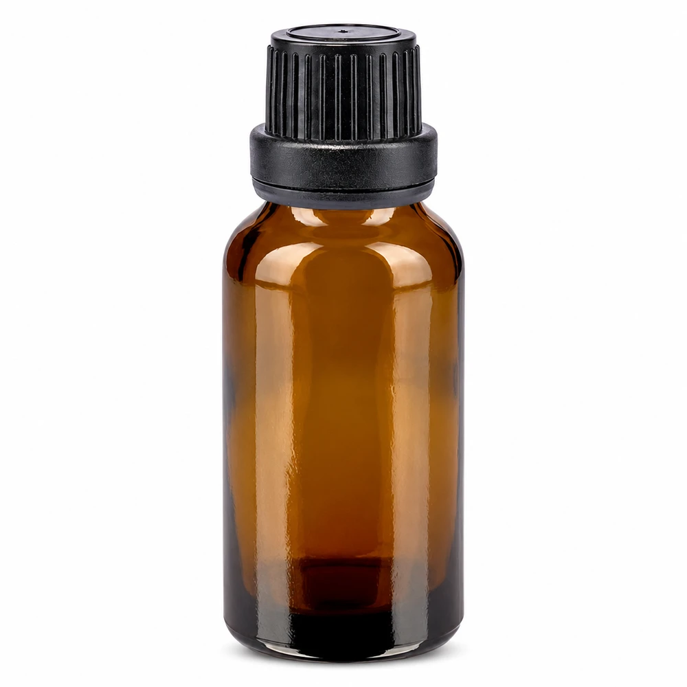 Frasco de farmacia marrón de 20 ml con tapón de seguridad negro de 11 mm, fabricado en vidrio marrón de alta calidad