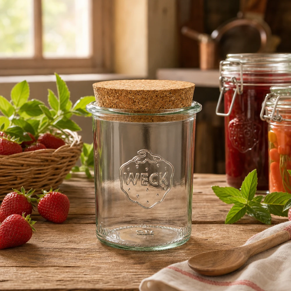 Tarro de conserva WECK RR60 160ml con tapa de corcho en una cocina rústica junto a tarros de fresas y mermelada