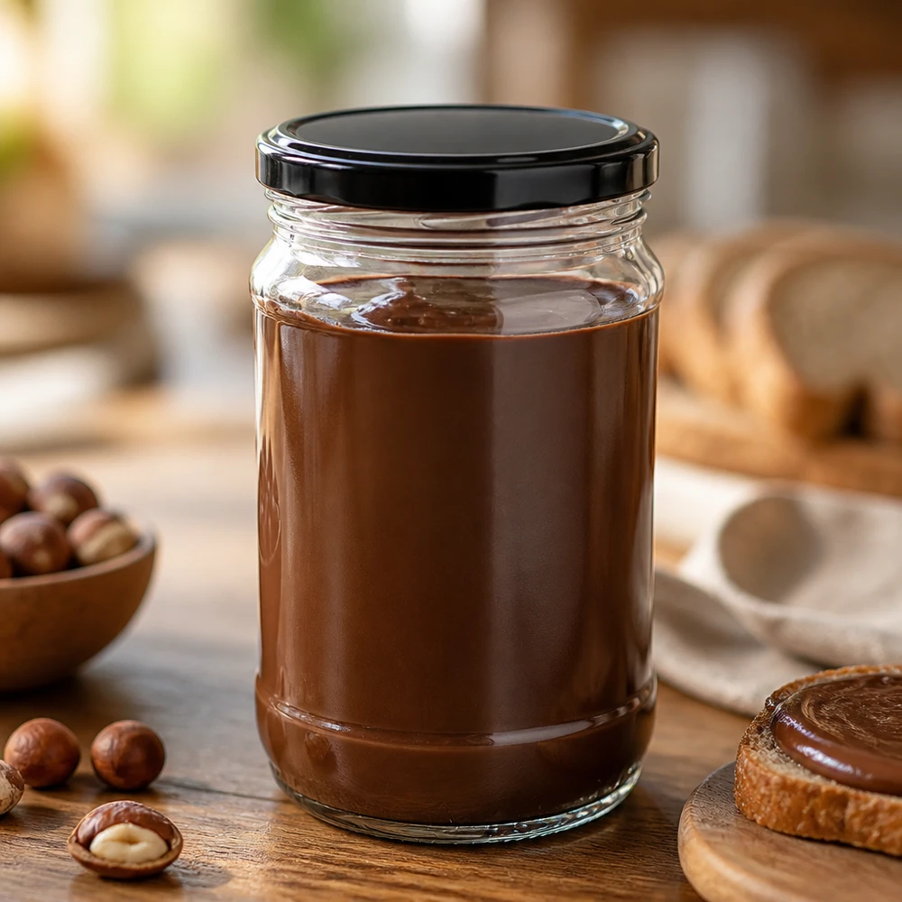 Tarro redondo de cristal de 370 ml + BasicSeal negro UNiTWIST Tarro redondo de cristal UNiTWIST de 370 ml con tapa BasicSeal negra, lleno de crema de nueces y turrón, sobre una mesa de madera