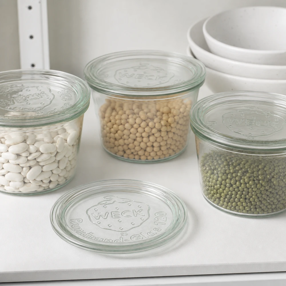 Juego WECK RR120 con tapa de cristal y tarros llenos para judías, guisantes y legumbres en blanco cocina