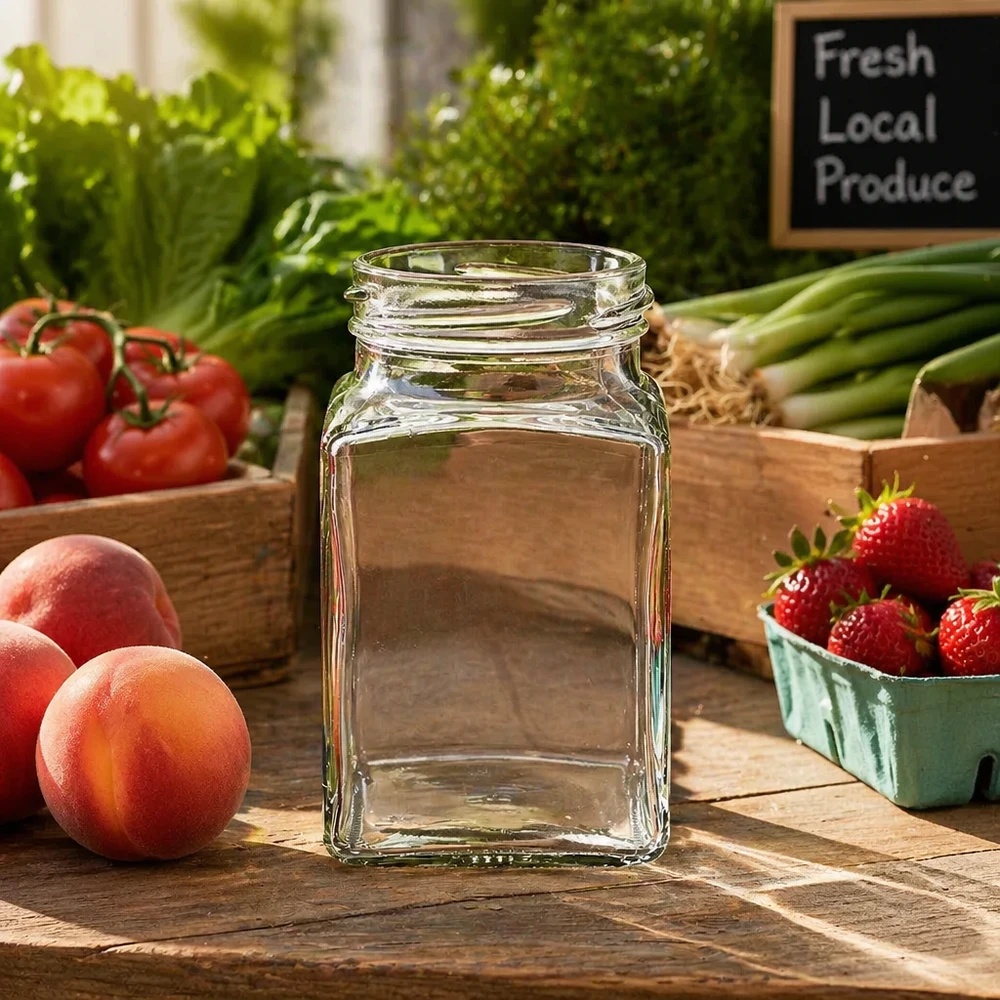 Tarro tetra de 260ml sin tapa (TO58) UNiTWIST UNiTWIST Tetra260 tarro de 4 esquinas 260ml TO58 tarro de conserva entre frutas y verduras frescas sobre mesa de madera