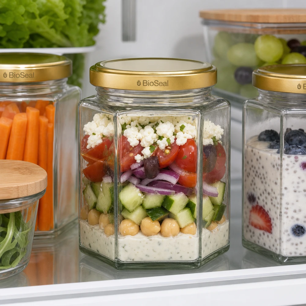 Tarro UNiTWIST Hexa390 Meal Prep con tapa BioSeal para ensalada en capas en el frigorífico para su conservación