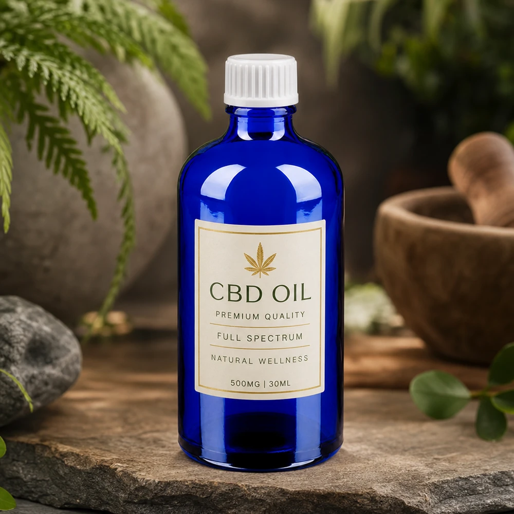 Frasco cuentagotas de 100 ml con cierre estándar blanco de 0,9 mm BlueLine UT18/100 Frasco compacto de vidrio azul de 100 ml con tapón cuentagotas blanco para aceites de CBD BlueLine UT18/100