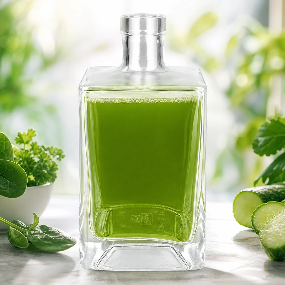 Botella de cristal Ben 700ml llena de zumo verde rodeado de hierbas frescas pepino y espinacas como batido detox