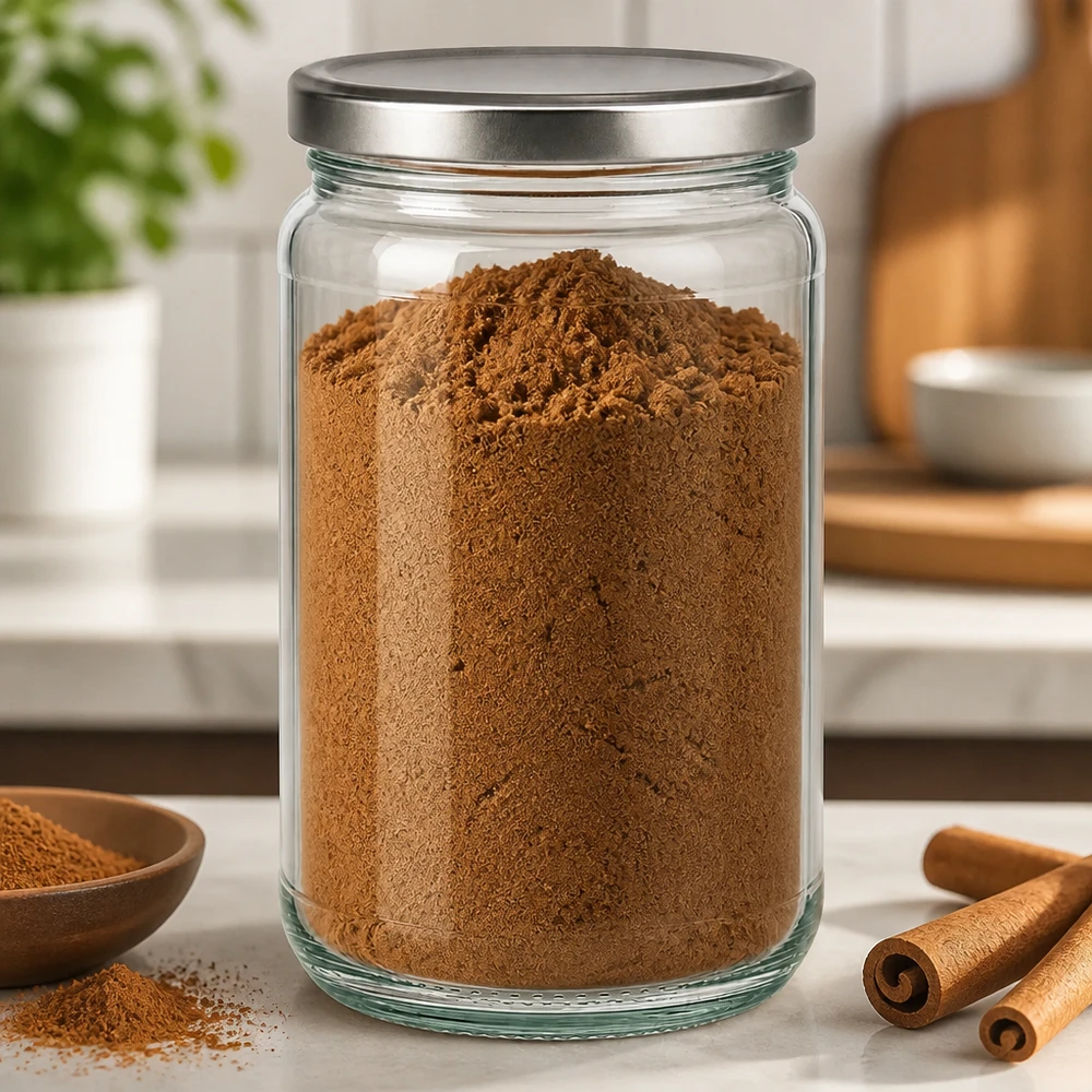 Tarro redondo de 305ml con tapa BasicSeal plata UNiTWIST Tarro redondo de 305 ml lleno de cacao en polvo y tapa BasicSeal plateada en un ambiente de cocina con palitos de canela