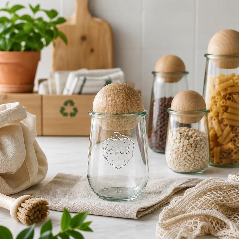 Tarro tulipa WECK RR100 1062ml con bola de madera de haya WECK tarro tulipán 1062ml RR100 con bola de haya en cocina sostenible de residuo cero con símbolo reciclado y materiales naturales