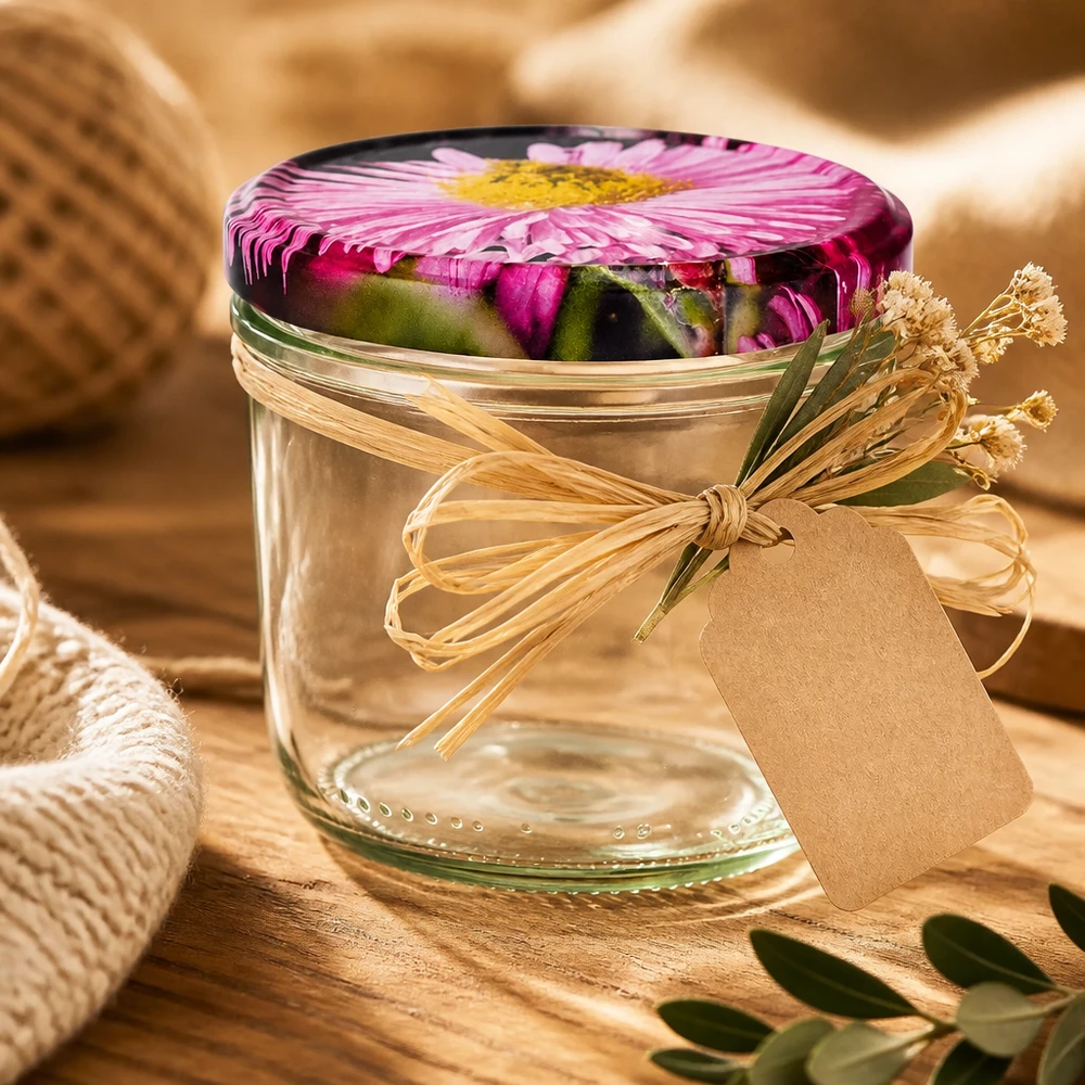 Vasos de regalo de 230 ml con tapa de flor BasicSeal, lazo de rafia y colgante sobre base de madera