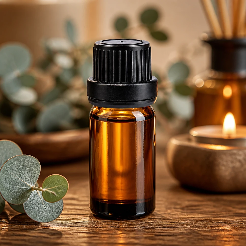 Pequeño frasco de vidrio ámbar de 5 ml con tapón de rosca negro para aceites esenciales