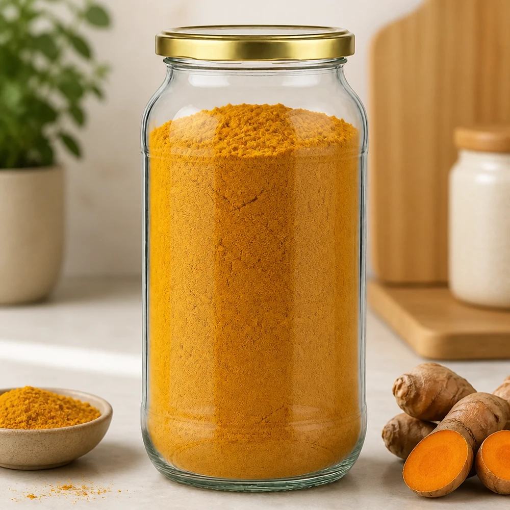 Tarro redondo de 1062 ml con tapa dorada BasicSeal lleno de cúrcuma en polvo junto a raíz de cúrcuma fresca en la encimera de la cocina.