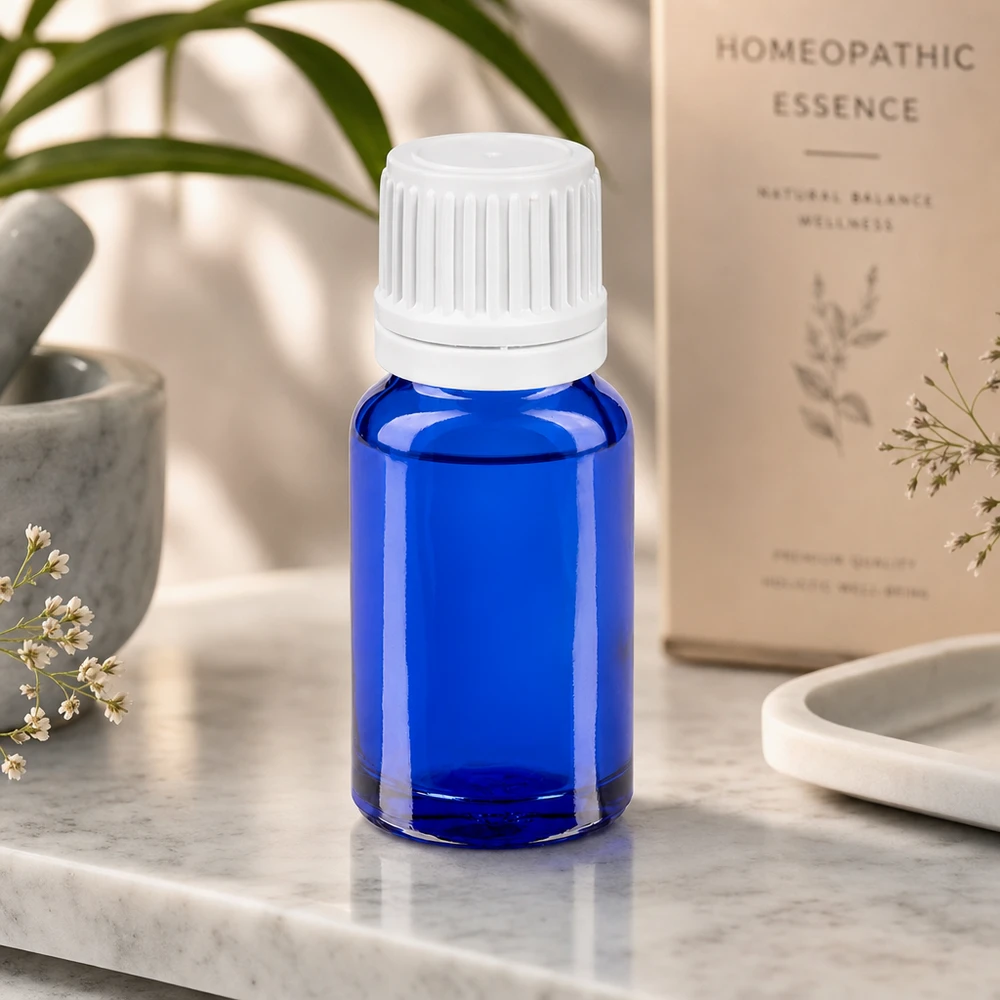 Frasco cuentagotas de 10 ml de vidrio azul de alta calidad con tapón OV blanco para un almacenamiento seguro