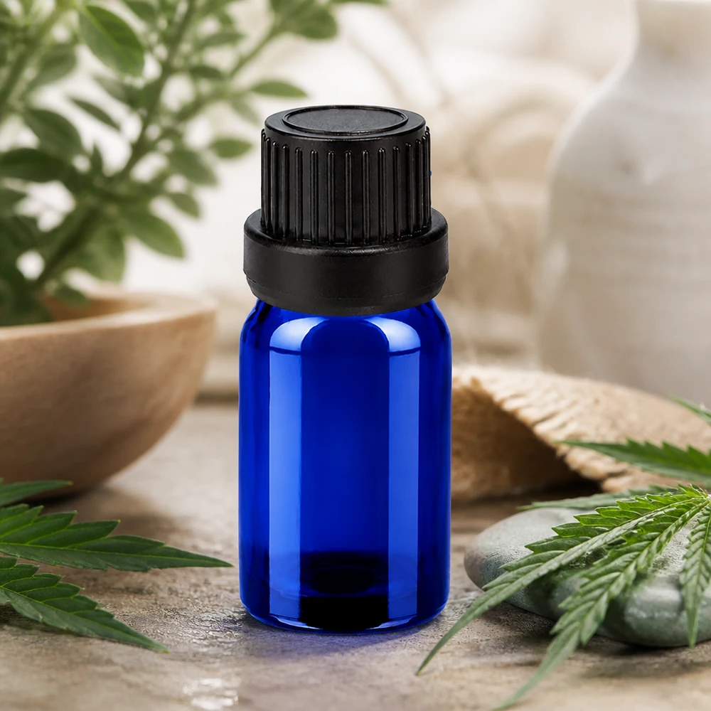 Frasco pequeño de vidrio azul de 5 ml con tapón de rosca negro OV BlueLine UT18 para aromaterapia