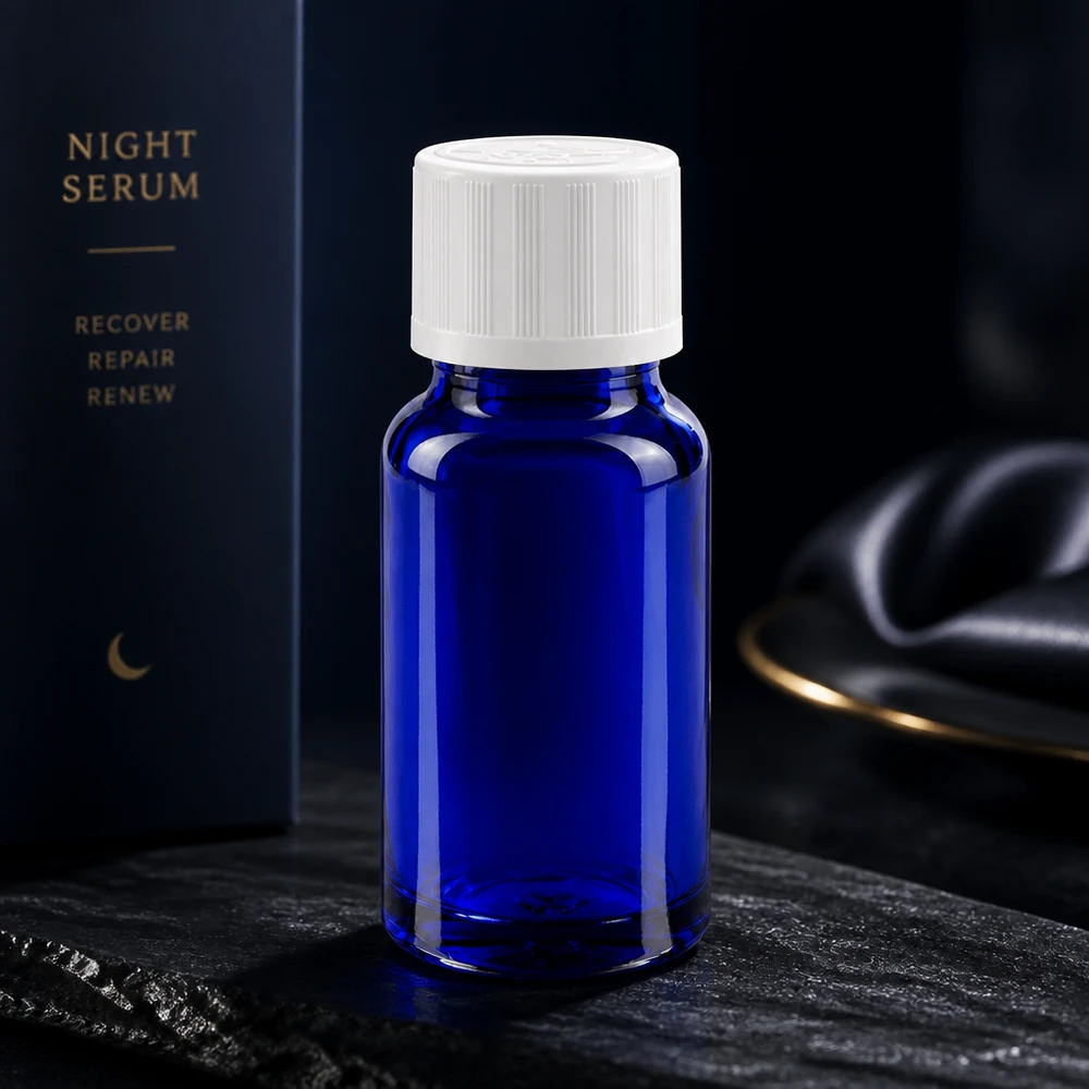 Frasco de farmacia azul de 10 ml con tapón de seguridad para niños de color blanco para el envase del sérum de noche