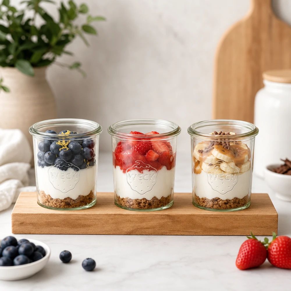 Plano3 tabla de servir con tarros Weck como parfait de yogur con bayas, granola y frutos secos en una cocina de color claro